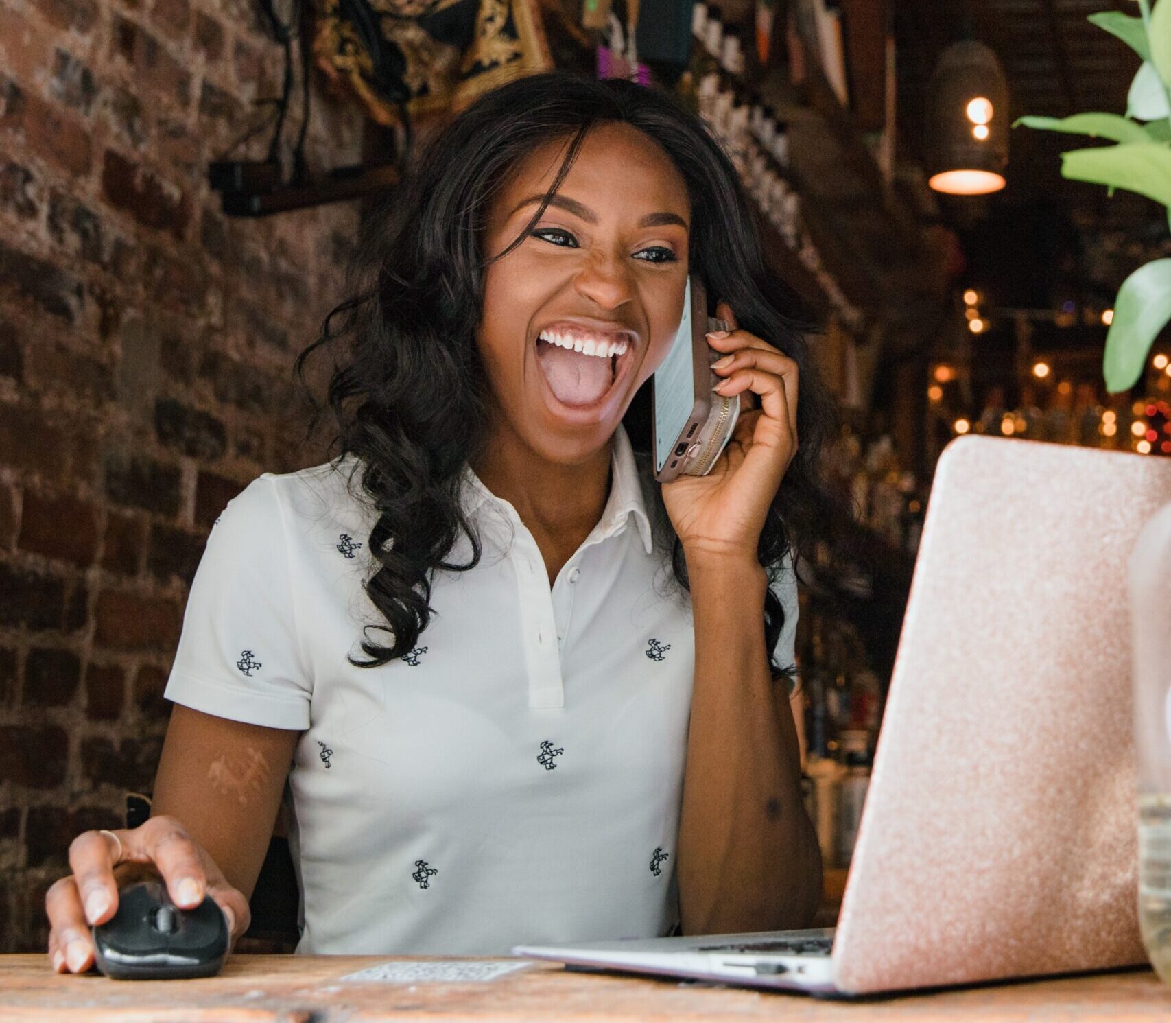 excited woman seems to have heard good news.