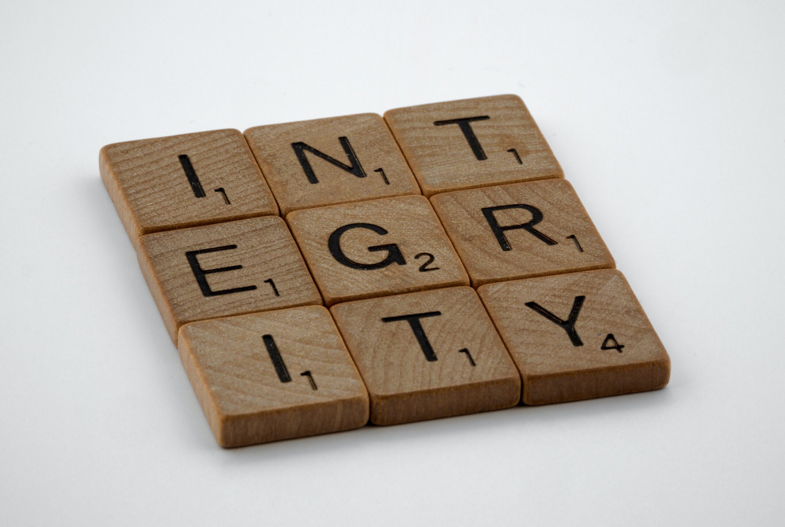 Game pieces spelling "integrity"